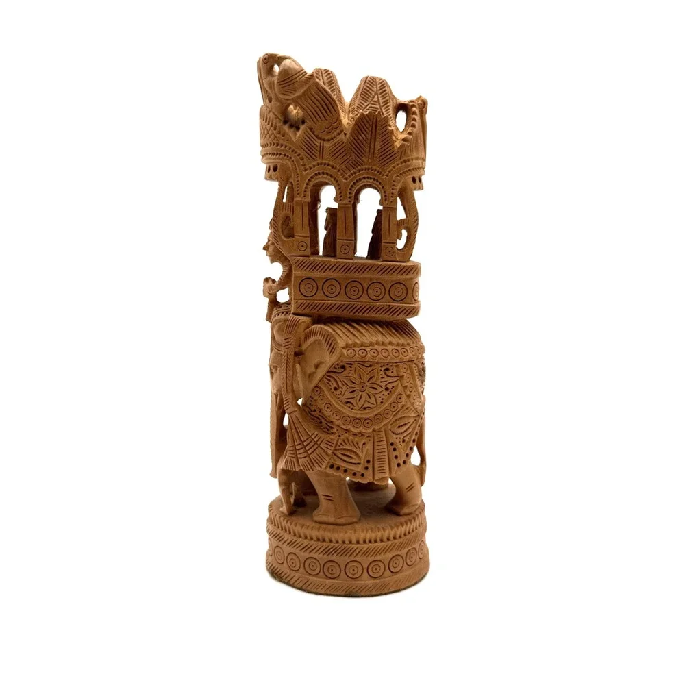 Pair Hand Carved‎ Wooden Flower Bud Vase Elephants Lions Home Garden Decor Art